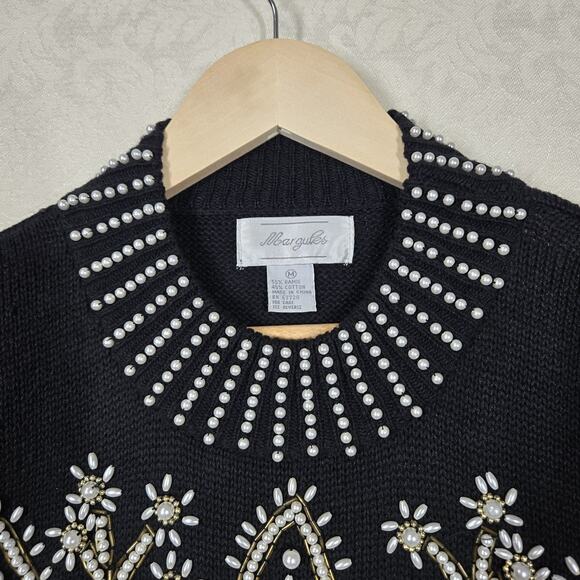 VTG Margules Sweater sz M Black Heavily Beaded Pearl Front Mock Neck Grandmacore - Picture 3 of 16